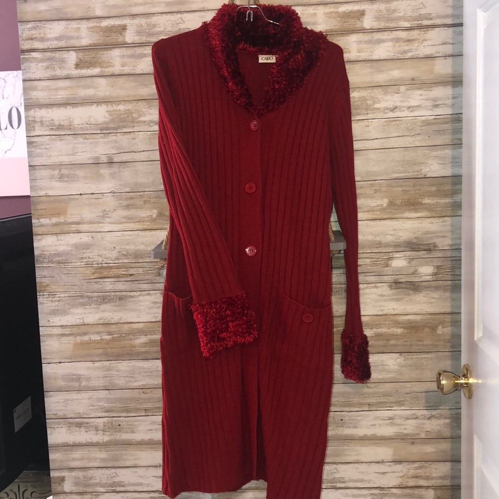 Red knit cardigan